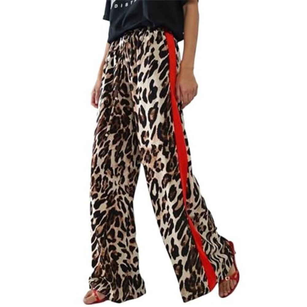 Women's Leopard Wide Leg Pants Casual Side Striped High Waisted Palazzo